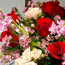 Bouquet of red and pale pink roses with small pink filler flowers