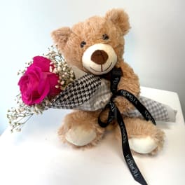 Teddy bear holding a pink rose bouquet