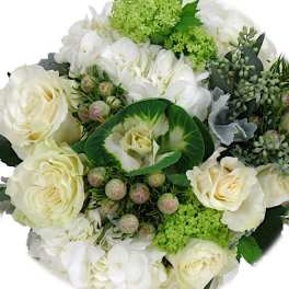 White roses and hydrangeas with green accents in a bouquet