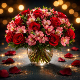 Red roses and pink alstroemeria in a clear glass vase