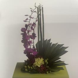 Purple orchid arrangement with green fan leaves in a square vase