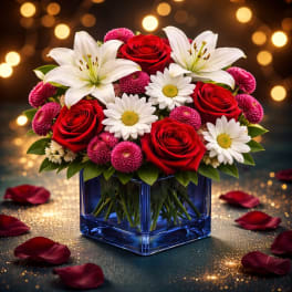 Red roses, white lilies, and daisies in a blue glass vase