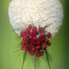 Heart-shaped white rose arrangement with red roses at the base