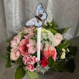 Pink mixed bouquet with a butterfly pick