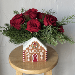 Ceramic Gingerbread Winter House Rose Arrangement