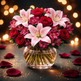 Bouquet of red roses and pink lilies in a clear glass vase