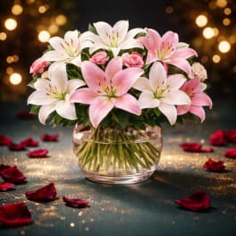 Pink and white lilies with small pink carnations in a glass vase