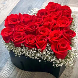 Heart-shaped box filled with red roses and white baby's breath