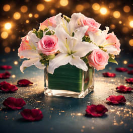 Pink roses and white lilies arranged in a square glass vase