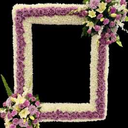 Square floral frame with purple roses and white flowers on a black background