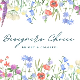 Watercolor floral design with "Designer’s Choice" text and colorful flowers around the edges