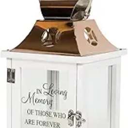 White memorial lantern with a brown top and handle