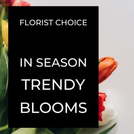 Tulips in mixed colors with a black text panel reading Florist Choice