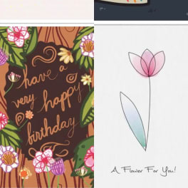 Set of four greeting card designs with cake, floral motifs, a photo frame, and a single pink flower.