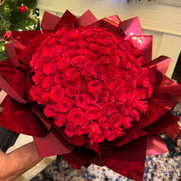 Large bouquet of red roses wrapped in glossy red paper