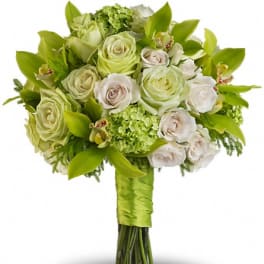 Bouquet of pale green and white roses with orchids and green ribbon wrap