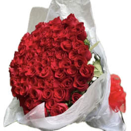 Large bouquet of red roses wrapped in white paper