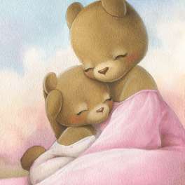 Two teddy bears cuddling under a pink blanket.