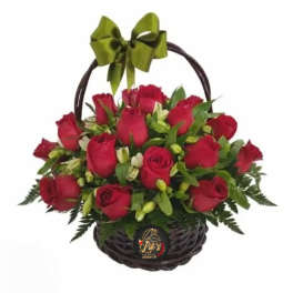 Basket of red roses with a green bow