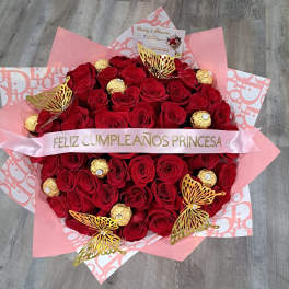 50 roses whit butterflies and chocolate,personalized ribbon
