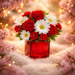 Red Hot Romance Cube – Red Roses & Daisies