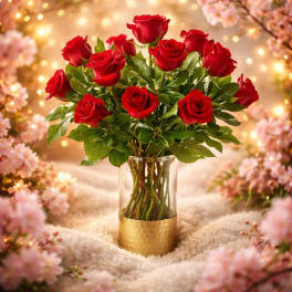 Classic Red Rose Elegance – Luxury Long-Stem Roses in Clear Vase