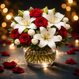 Red roses and white lilies arranged in a clear glass vase