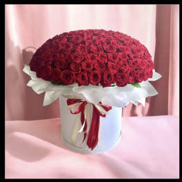 Large dome of red roses in a white hatbox with ribbon