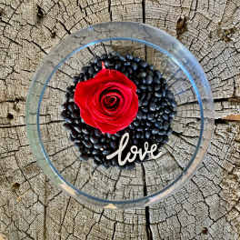 Red rose in a clear round dish with black stones and a "love" sign