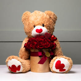 Teddy bear holding a box of red roses with heart decorations
