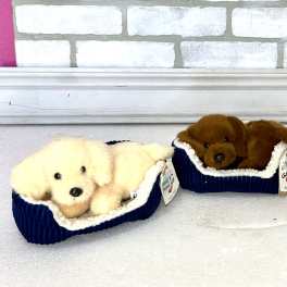 Three plush puppies lying in blue pet beds