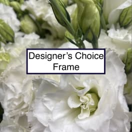 White lisianthus blooms with green buds in a close-up floral frame