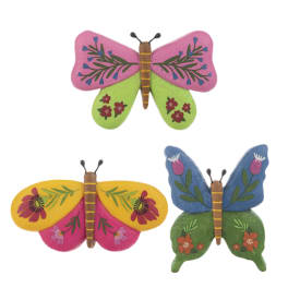 Three painted butterfly ornaments with floral patterns
