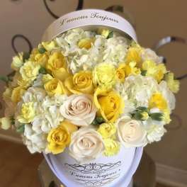 Bouquet of yellow and white roses with white hydrangeas in a round box