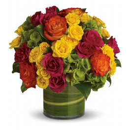 Bright arrangement of orange, yellow, and magenta roses with green hydrangeas in a glass cylinder vase