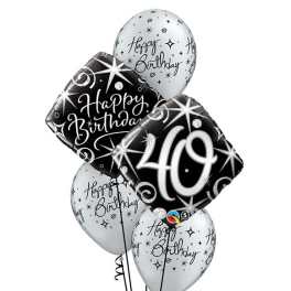Cluster of black and white birthday balloons with a "40" balloon