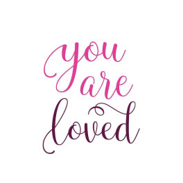 Pink and purple script text reading "you are loved" on a white background
