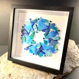 #A082 - Framed Ocean Blue Tumbled Glass Wreath