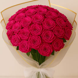 Bouquet of bright pink roses wrapped in translucent paper with a white bow