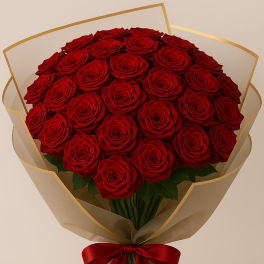 Bouquet of red roses wrapped in beige paper with a red ribbon