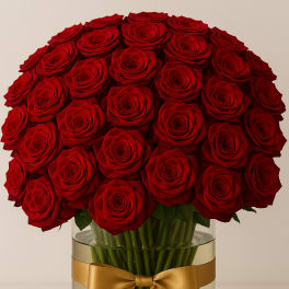 Bouquet of red roses in a clear glass vase with a gold ribbon