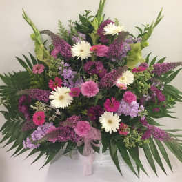 Large mixed bouquet with pink, purple, and white flowers