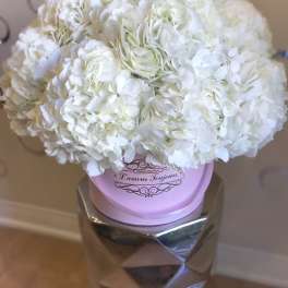 White hydrangea bouquet in a pink hatbox