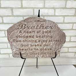 Memorial plaque on a black easel with a brother remembrance message