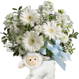 White flower arrangement with a plush lamb on a blue wheeled base
