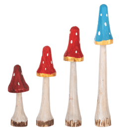 Four painted wooden mushroom ornaments in red and blue