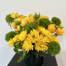 Yellow roses and daisies in a dark glass vase with green pom-pom accents