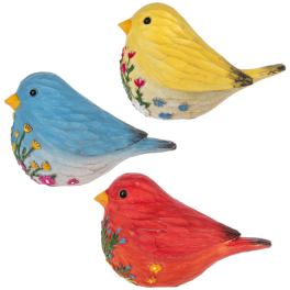 Three painted bird figurines in blue, yellow, and red
