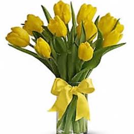 10 Yellow Tulips arranged in a vase.