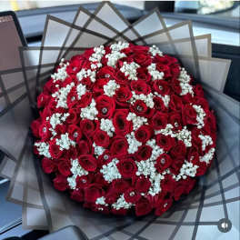 Round bouquet of red roses with white baby's breath